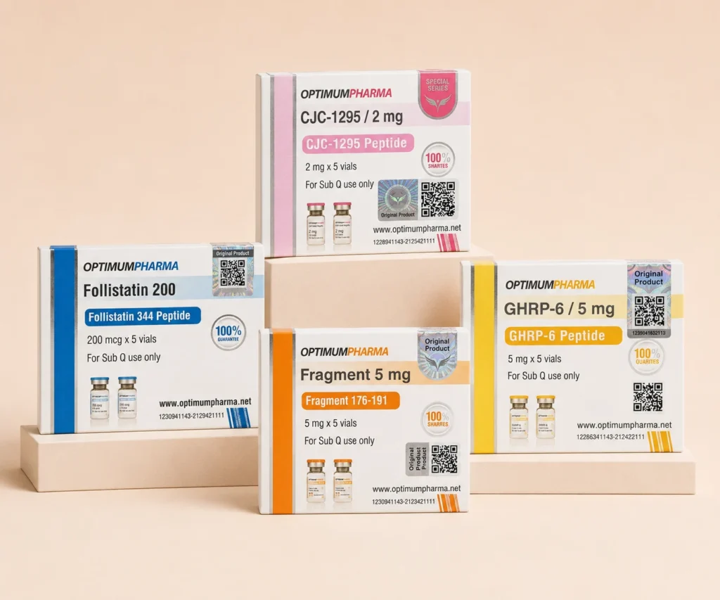 Optimum Pharma peptide products including CJC-1295, Follistatin 200, Fragment 176-191 and GHRP-6