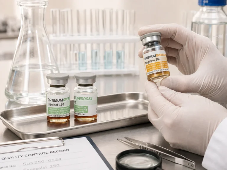 Optimum Pharma quality control inspection with Ultrabol and Megabol injectable vials in a laboratory