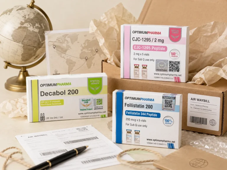 Optimum Pharma international distribution with pharmaceutical products, shipping parcels and global delivery materials