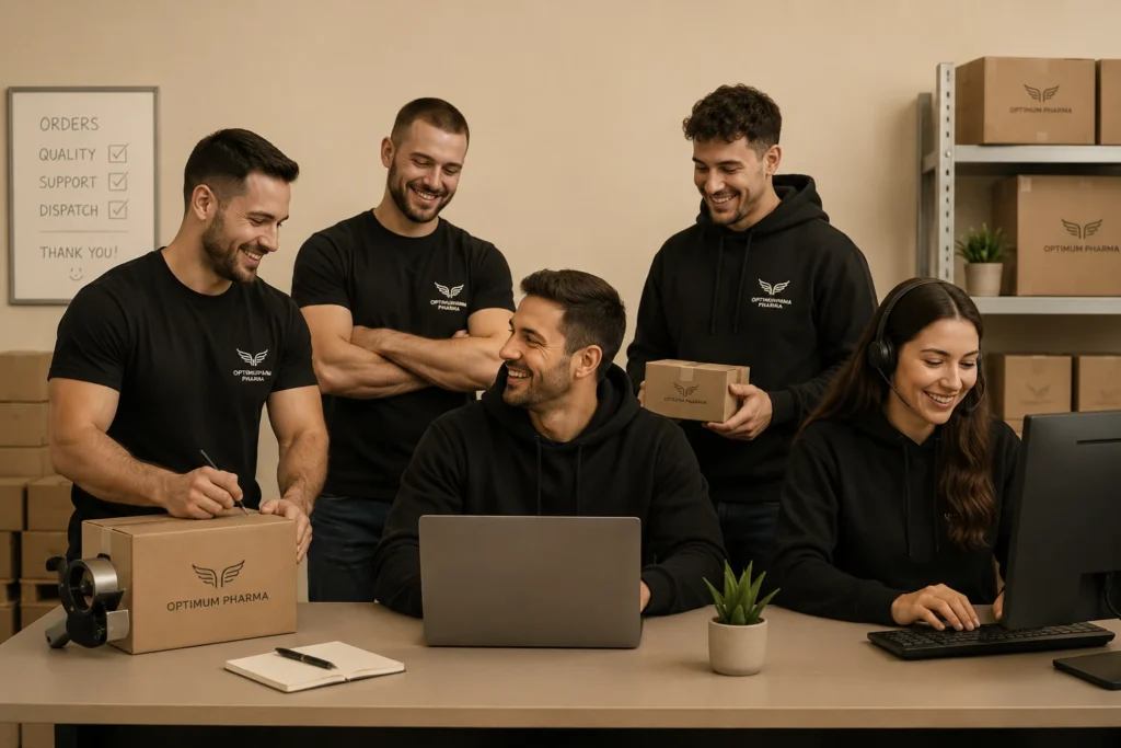Buy Optimum Pharma Online customer support Kevin and fulfillment team portrait in a clean studio setting.
